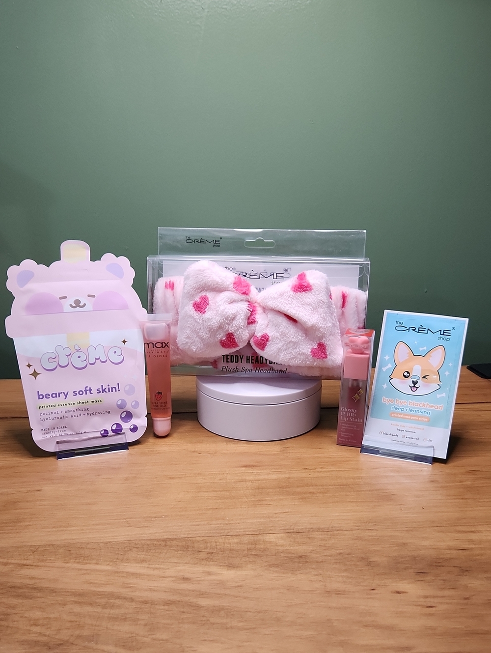 The Creme Shop Beauty Bundle-Sheet Mask, Headband, Nose Pore Strips, Lip Gloss